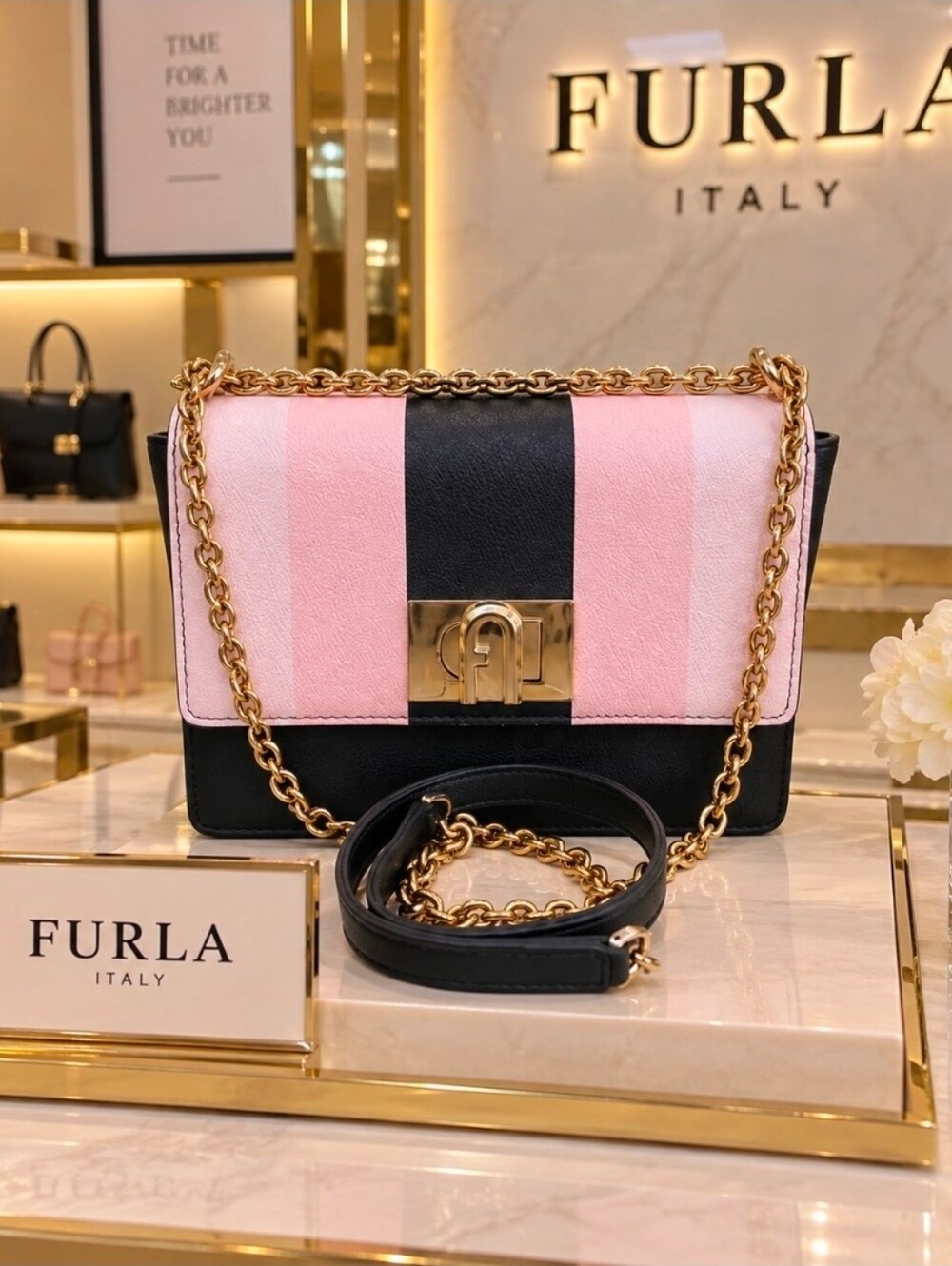 Furla Pink, Black & Cream Striped Chain Crossbody and dusty